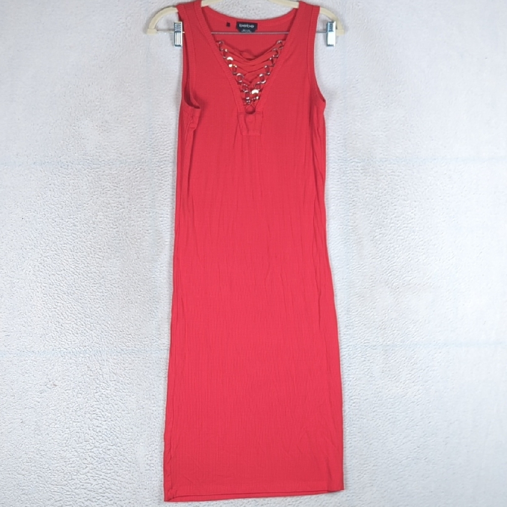 Bebe Junior's Vibrant Red Lace Up Bodycon Sleeveless Midi Dress Size S